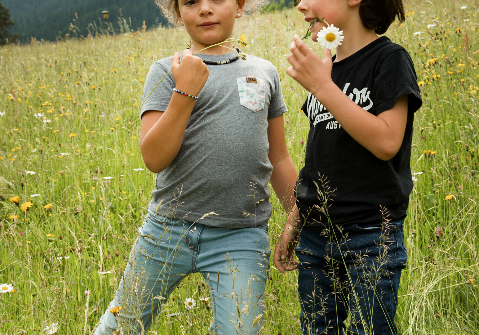 Zwei Kinder stehen auf einer Wiese und haben Wiesenblumen in der Hand. 