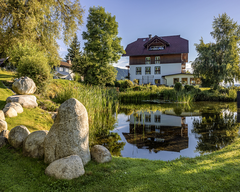 Teich mit Steinen vor einem Gebäude in einer Gartenanlage.