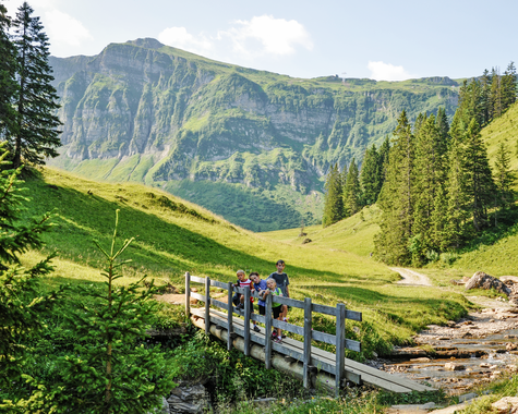 Personen wandern auf einem Weg durch eine alpine Berglandschaft.