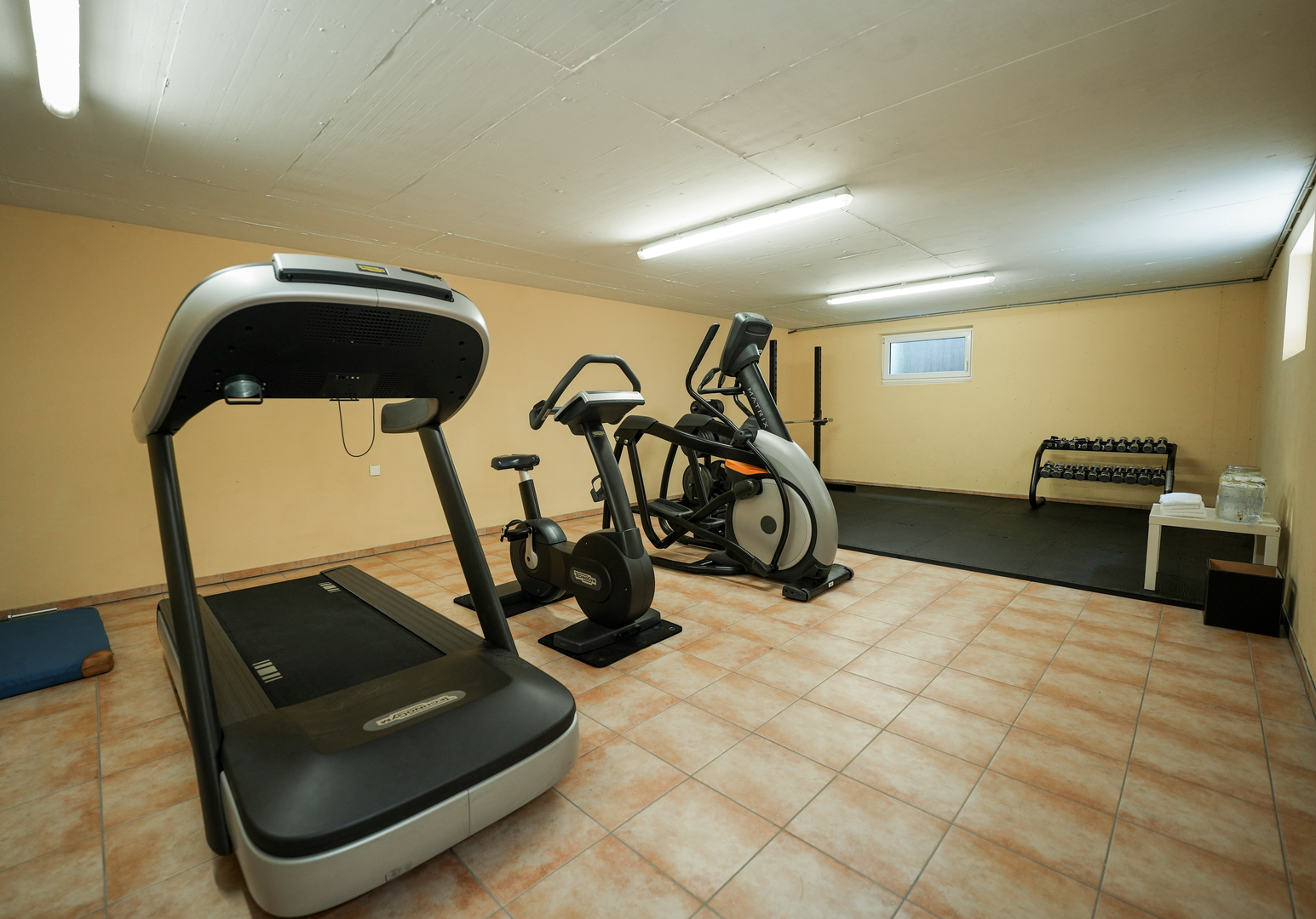 Fitnessraum mit Laufband, Ergometer und Crosstrainer im Hotel.