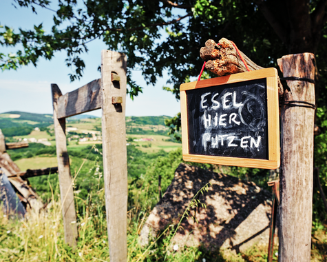 An einem Holzstamm befestigt ist ein Bild mit der Aufschrift "Esel hier putzen" 