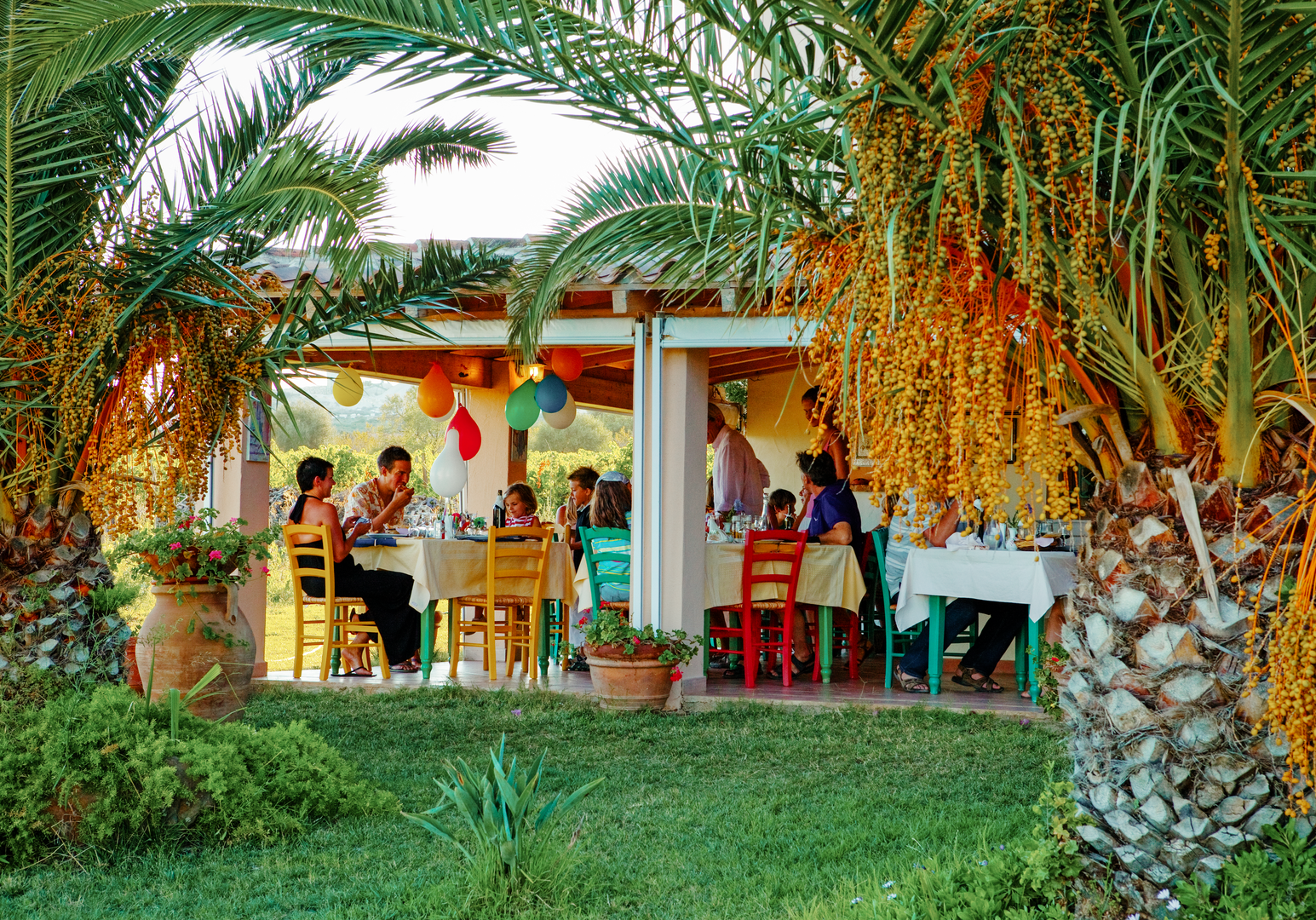 Restaurantterrasse mit Palmen und Gästen im Außenbereich.