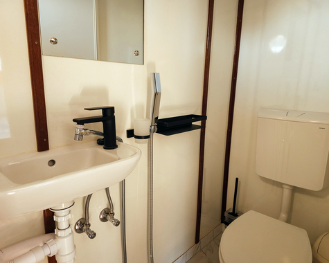 Kompaktes Bad mit Waschbecken, Dusche und WC in einer Schiffskabine.