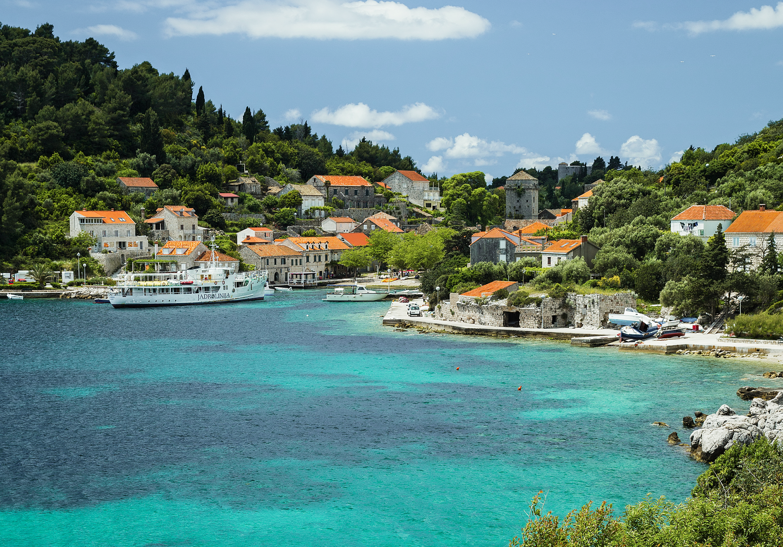 Türkisfarbene Badebucht mit kristallklarem Wasser und Häusern an der Küste.