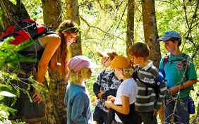Unsere fantasievolle vamos Kinderbetreuung im Wald auf Spurensuche.